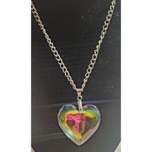 Large Vintage Prismatic Watermelon Glass Chunky Heart Pendant Chain Necklace